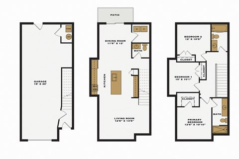 Floor plan for 3 beds, 2.5 baths, 1564 sqft